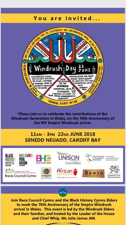 All are welcome to our National Windrush Commemoration Day 2018. Cardiff event Poster -…