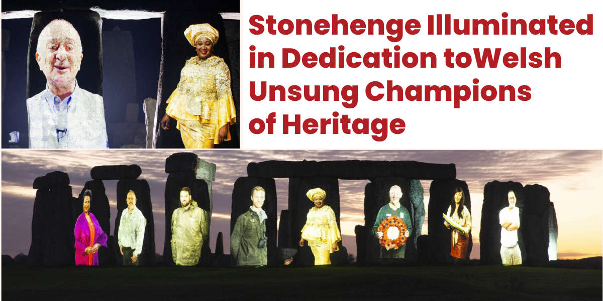 stonehenge illuminated in dedication to welsh unsung champions of heritage lee turner from the penllergare trust and uzo iwobi obe founder of race council cymru