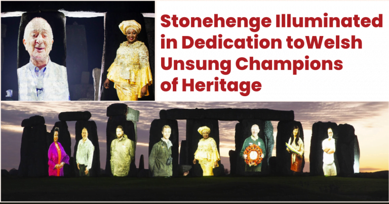 stonehenge illuminated in dedication to welsh unsung champions of heritage lee turner from the penllergare trust and uzo iwobi obe founder of race council cymru